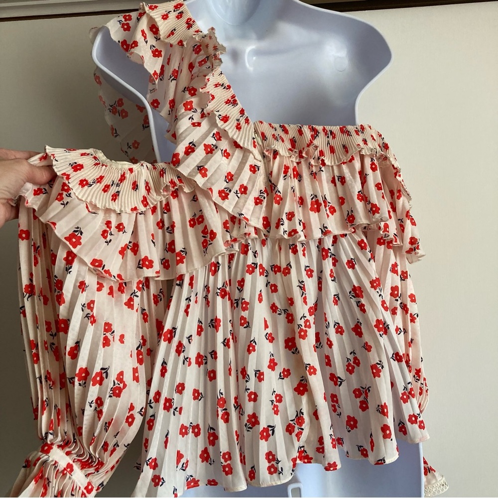 Self-Portrait Ditsy Floral Print One Shoulder Blouse, Sz 2 - Picture 8 of 16
